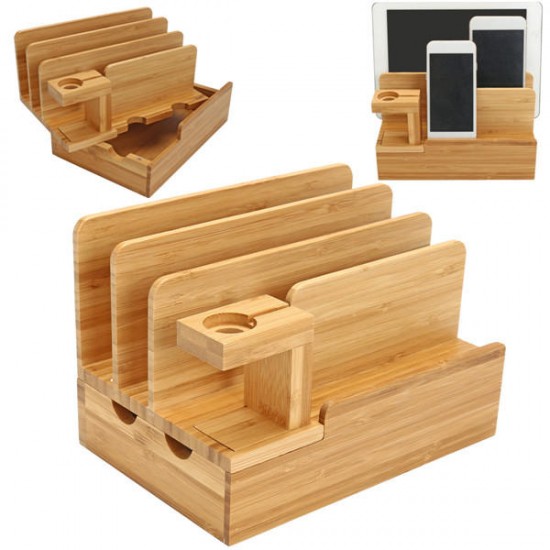 Bamboo Charging Dock Stand Holder Organizer For Apple Watch Smart Phone Tablet
