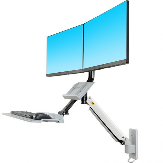 NB MC27-2A Dual Ergonomic Sit-Stand Workstation Wall Mount 22-27in Monitor Holder Arm with Foldable Keyboard Plate