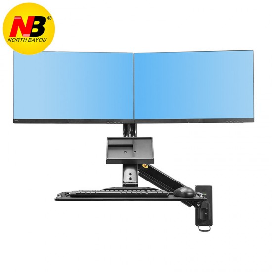 NB MC27-2A Dual Ergonomic Sit-Stand Workstation Wall Mount 22-27in Monitor Holder Arm with Foldable Keyboard Plate