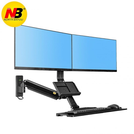 NB MC27-2A Dual Ergonomic Sit-Stand Workstation Wall Mount 22-27in Monitor Holder Arm with Foldable Keyboard Plate