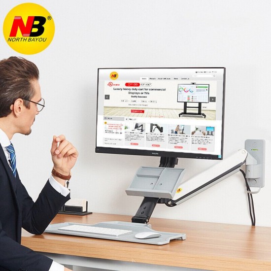 NB MC32 Aluminum Ergonomic Wall Mount Sit-Stand Workstation 22-32in Monitor Holder Gas Strut Arm with keyboard Tray Rotate LCD Bracket