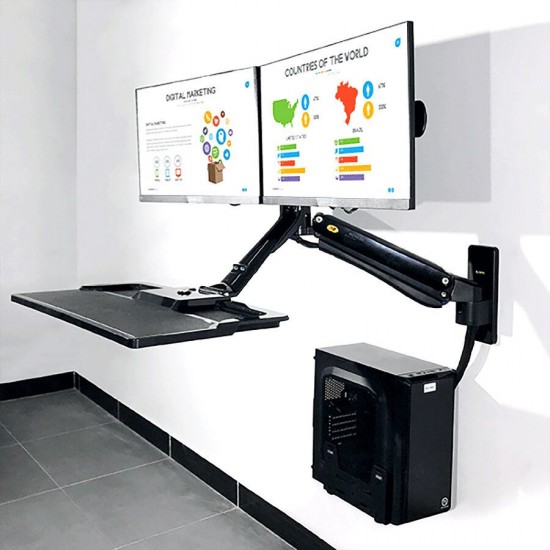 NB MC40-2A Ergonomic Sit-Stand Workstation Wall Mount 22-27in Dual Monitor Holder Arm with Foldable Keyboard Plate 2xUSB3.0 Interface