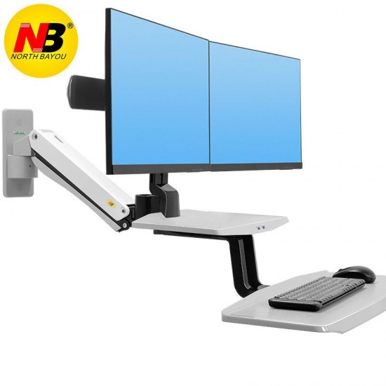 NB MC55-2A Dual Wall Mount 22-27in Ergonomic Sit-Stand Workstation Monitor Holder with Foldable Keyboard Tray Gas Strut Arm