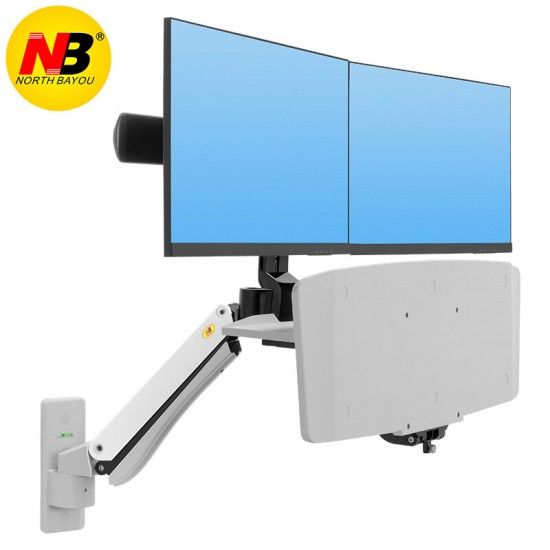 NB MC55-2A Dual Wall Mount 22-27in Ergonomic Sit-Stand Workstation Monitor Holder with Foldable Keyboard Tray Gas Strut Arm