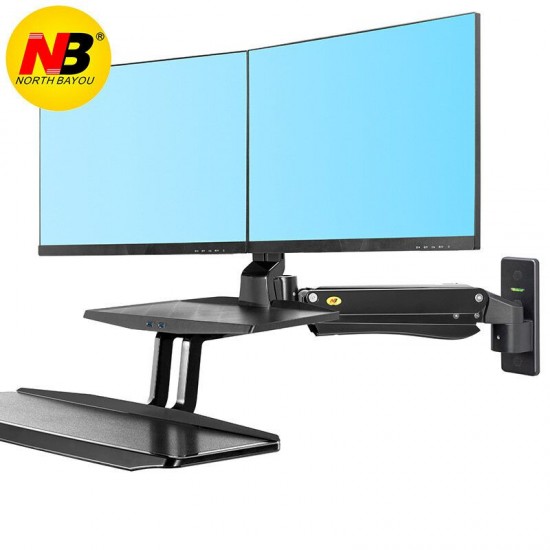 NB MC55-2A Dual Wall Mount 22-27in Ergonomic Sit-Stand Workstation Monitor Holder with Foldable Keyboard Tray Gas Strut Arm