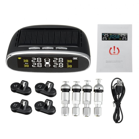 Solar Tire Pressure Monitor System Real-time Voice Prompts Tyre Tester with 4 External/ Internal Sensors