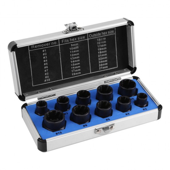 10Ppcs Damaged Bolt Nut Screw Remover Extractor Removal Set Nut Removal Socket Tool Threading Hand Tools Kit with Case 10Ppcs Damaged Bolt Nut Screw Remover Extractor Removal Set Nut Removal Socket Tool Threading Hand Tools Kit with Case