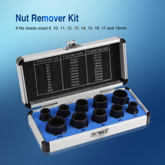 10Ppcs Damaged Bolt Nut Screw Remover Extractor Removal Set Nut Removal Socket Tool Threading Hand Tools Kit with Case