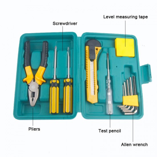 11PCS Home Repair Tool Set Allen Wrench Plier Screwdriver General Household Hand Tool Kit with Plastic Tool Box