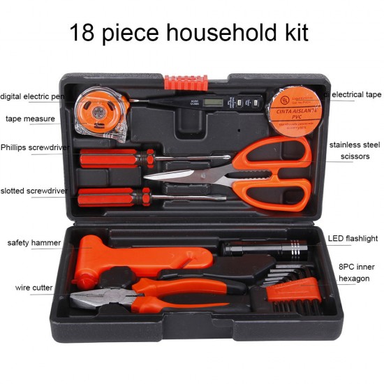 18 in 1 Auto Repair Tool Set Household Hand Tool Kit Screwdriver Scissors Hammer Wire Cutter Flashlight with Box