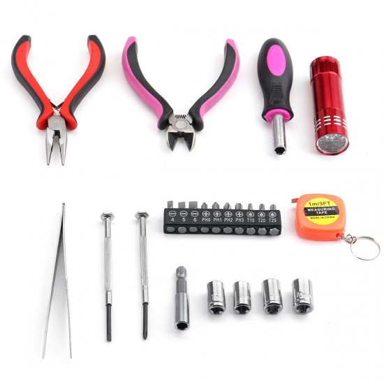 23Pcs Tools Kit Box Pink Women Ladies Girls Female Hand Tools Pliers Portable