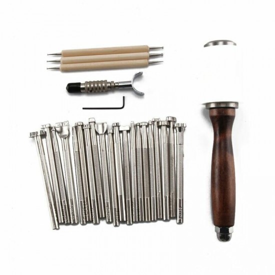 25PCS Manual Leather Craft Stamping Carved Wooden Hammer Embossing Tools Kit Set