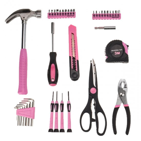 39PCS Tool Set General Household Hand Tool Kit Pink with Plastic Toolbox