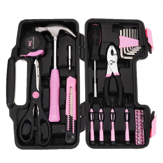 39PCS Tool Set General Household Hand Tool Kit Pink with Plastic Toolbox