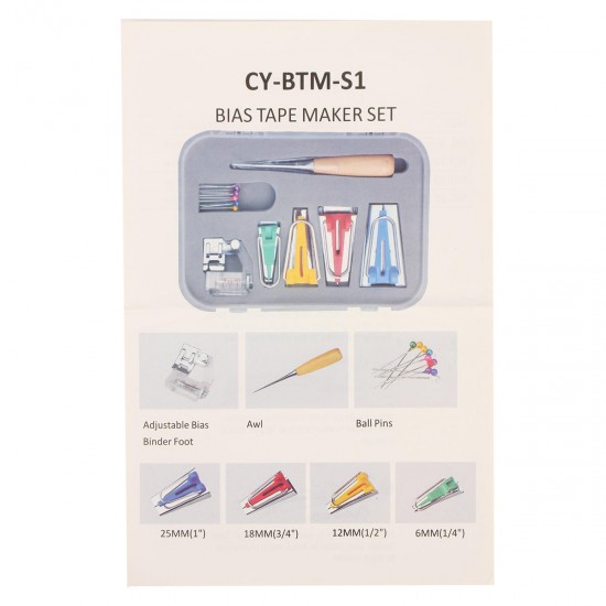 6/12/18/25mm Fabric Bias Binding Tape Maker Kit Set Binder Foot For Sewing Quilting + AWL