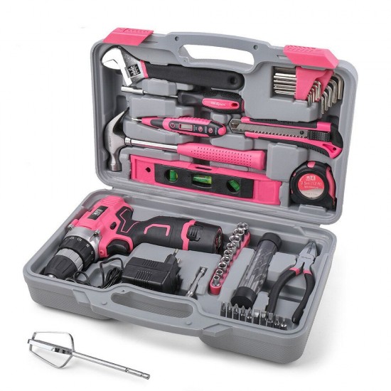60 Pieces Pink Hand Tool Set Kit 12V Electric Screwdriver Li-ion Battery Gril Lady Women Household Power Tool Set 60 Pieces Pink Hand Tool Set Kit 12V Electric Screwdriver Li-ion Battery Gril Lady Women Household Power Tool Set