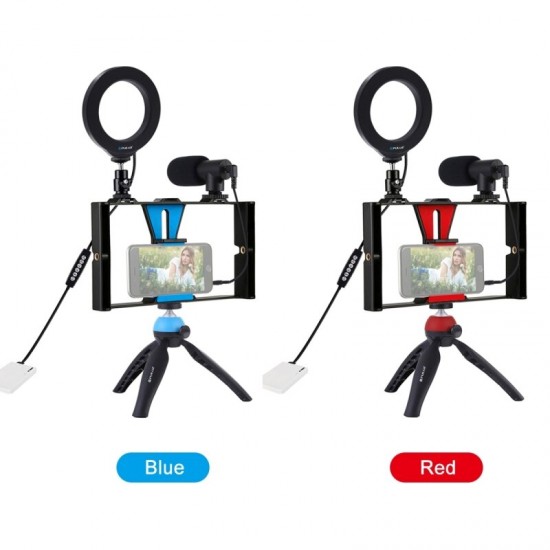 4 in 1 Vlogging Live Broadcast Smartphone Video Rig +4.7 inch RGBW Selfie Ring Light & Microphone Tripod Mount+Tripod Head