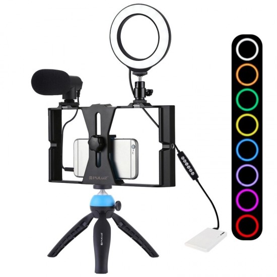 4 in 1 Vlogging Live Broadcast Smartphone Video Rig +4.7 inch RGBW Selfie Ring Light & Microphone Tripod Mount+Tripod Head