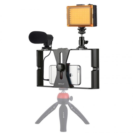 PKT3022R 4 in 1 Vlogging Live Broadcast Smartphone Video Rig Kits with LED Video Light Microphone Cold Shoe Tripod Mount Head