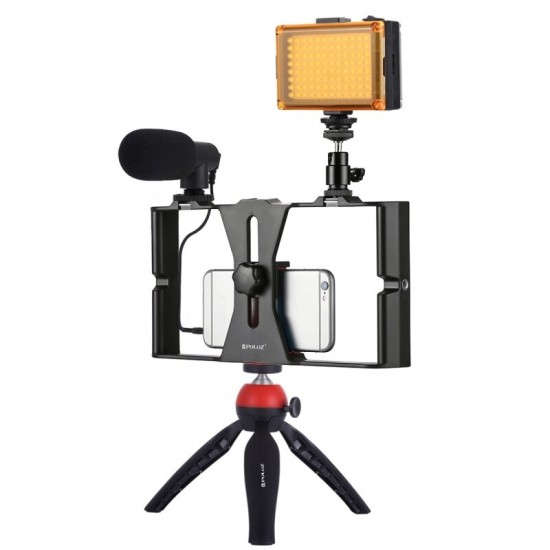 PKT3023R 5 in 1 Vlogging Live Broadcast Smartphone Video Rig Kits with LED Video Light Microphone Tripod Mount Head Tripod