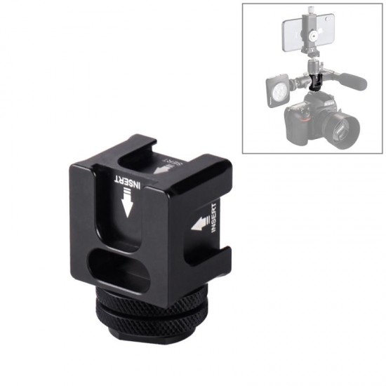 PU3032 4-Head Hot Shoe Camera Mount Adapter Microphone Flash Light Aluminum Alloy Holder Bracket