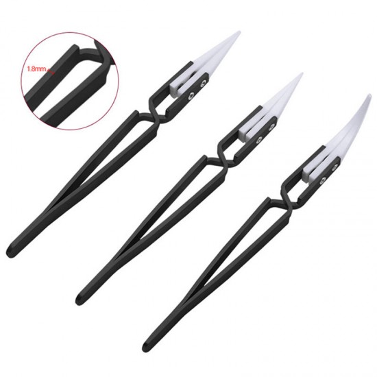 3PCS Anti-Static Reverse Ceramic Tweezers Stainless Steel Electronic CIigarette Heat Resistant Conductive Curved Straight Tweezers