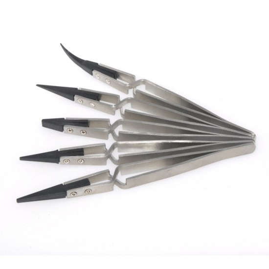 5PCS ESPLB Silver-Black Reverse Tweezers Stainless Steel Handle Plastic Tip Newest Flat/Straight/Curved Tip Tweezers