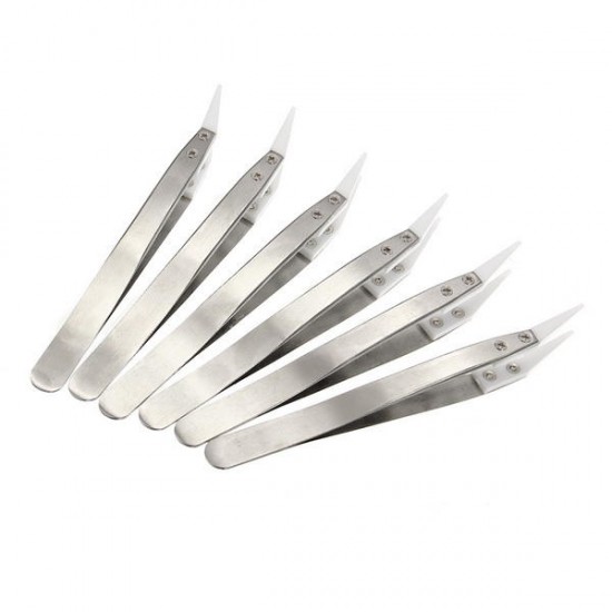 6Pcs Ceramic Tweezers Heat Resistant Non Conductive Stainless Steel Body Silve