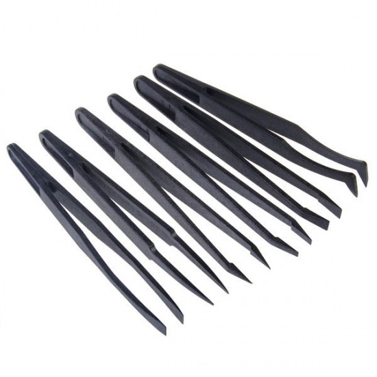 6pcs Black Anti-static Plastic Tweezers Heat Resistant Repair Tool