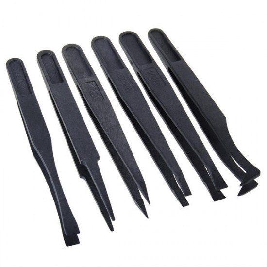 6pcs Black Anti-static Plastic Tweezers Heat Resistant Repair Tool