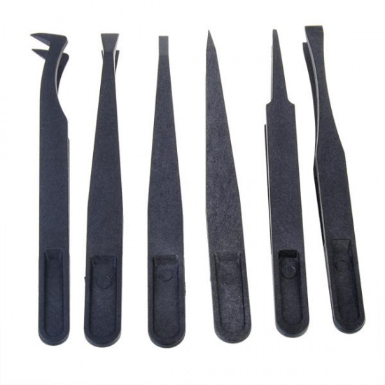 6pcs Black Anti-static Plastic Tweezers Heat Resistant Repair Tool