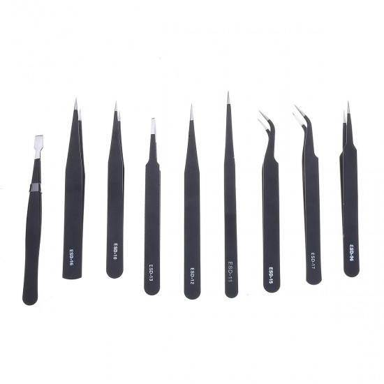 9 Pcs ESD Tweezer Anti-static Stainless Steel Precisiion Tweezers for Electronics Nail Beauty 9 Pcs ESD Tweezer Anti-static Stainless Steel Precisiion Tweezers for Electronics Nail Beauty
