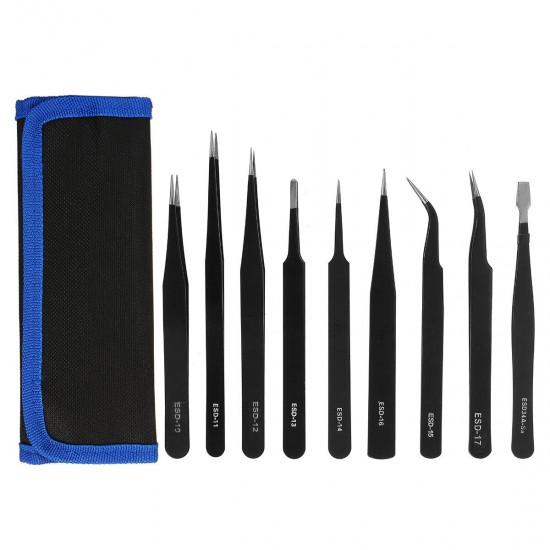 9Pcs PrecisIion Tweezers Tools Kit Soldering Welding Tip Curved Straight Steel