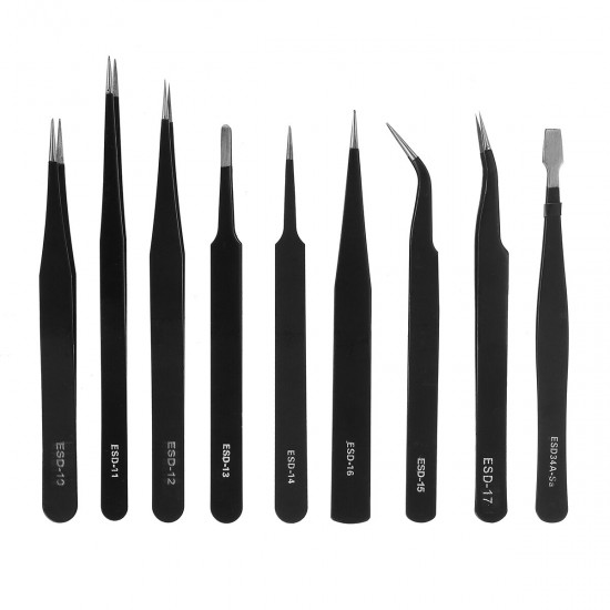 9Pcs PrecisIion Tweezers Tools Kit Soldering Welding Tip Curved Straight Steel