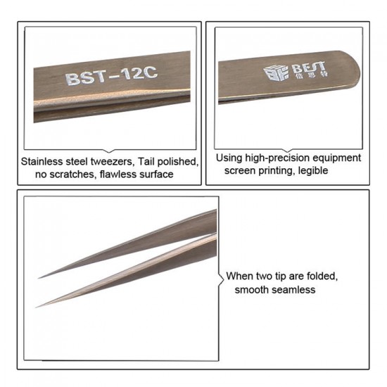 BST-12C Mobile Phone Repair Tools Stainless Steel Pointed Tweezer Anti-magnetic Anti-acid
