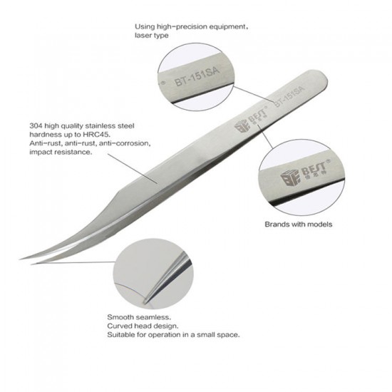 BST-151SA/152SA/153SA Stainless Steel Curved Tweezer Microelectronics Product Repair Hand Tool BST-151SA/152SA/153SA Stainless Steel Curved Tweezer Microelectronics Product Repair Hand Tool