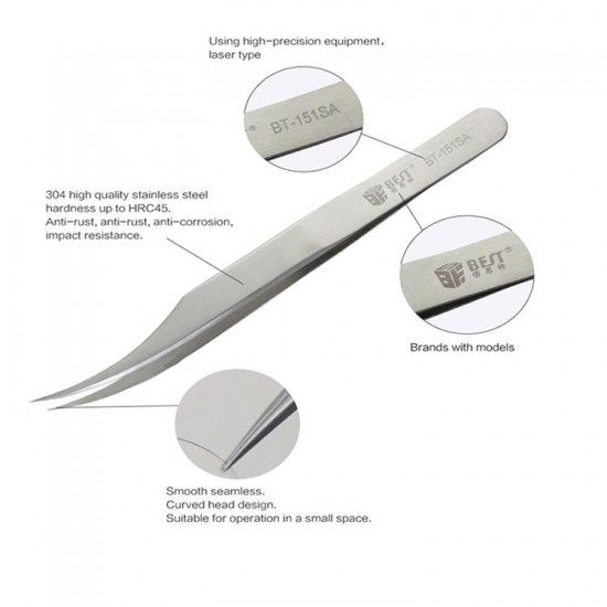 BST-151SA/152SA/153SA Stainless Steel Curved Tweezer Microelectronics Product Repair Hand Tool