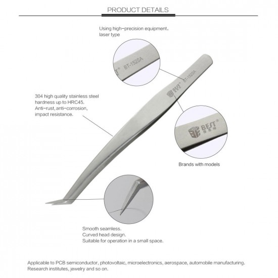 BST-151SA/152SA/153SA Stainless Steel Curved Tweezer Microelectronics Product Repair Hand Tool