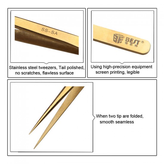 BST-SS-SA Gold Plated Tip Tweezer Precision Tweezers Laid Special Hard Wear-resistant Stainless Steel Tweezer