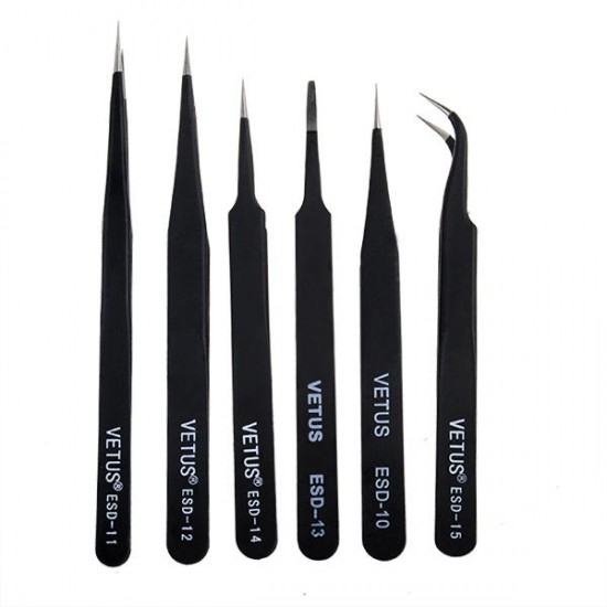 6Pcs Anti-Static Different Size ESD Tweezers ESD10 to ESD15