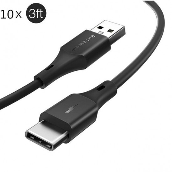 [10 Pack] BW-TC14 3A USB Type-C Cable Fast Charging Data Sync Transfer Cord Line 3ft/0.9m Black For Samsung Galaxy Note 20 Huawei P40 Mi10 OnePlus 8