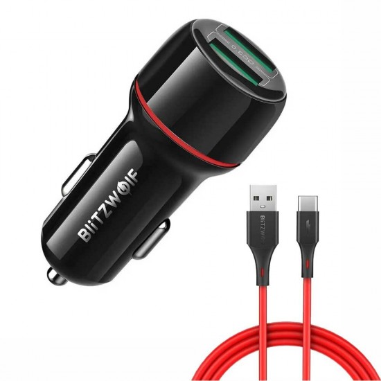 BW-SD5 18W Dual-Port QC3.0 Mini Car USB Charger With BW-TC14 3A USB Type-C Cable Fast Charging for Huawei P30 P40 Pro Mi10 OnePlus 8Pro