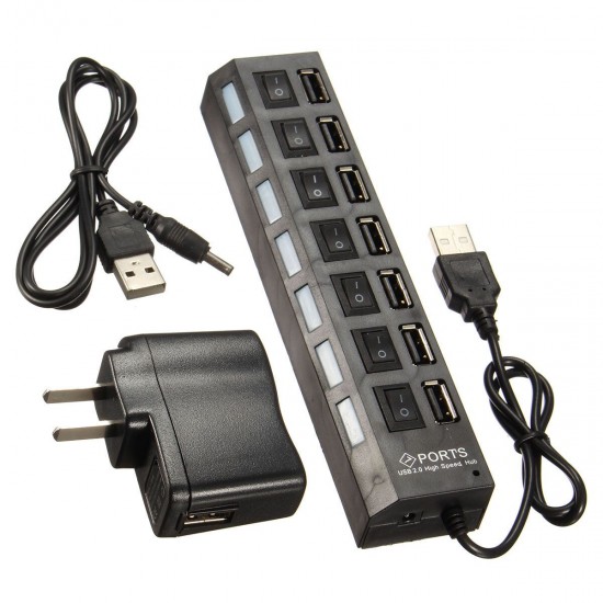 7 Port High Speed USB 2.0 Hub Power Adapter ON/OFF for Switch for MAC PC Laptop