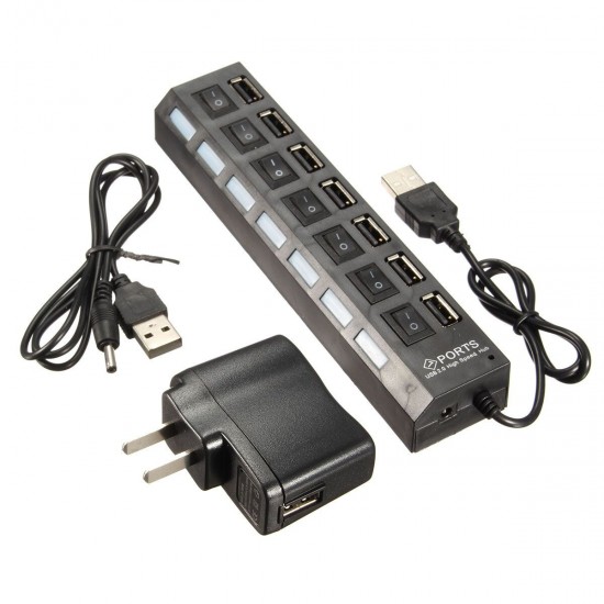 7 Port High Speed USB 2.0 Hub Power Adapter ON/OFF for Switch for MAC PC Laptop