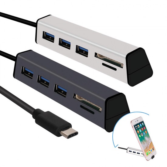Aluminum Alloy Type-C to 3-Port USB 3.0 Hub TF SD Card Reader with Hidden Phone Support
