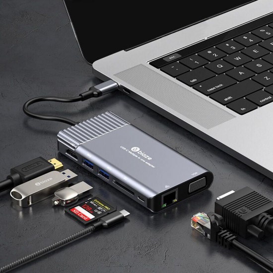 TH5 Type-C 8-in-1 Multifunctional USB Hub Docking Station 8 Ports USB-C to HD / VGA Converter 4K Screen Casting Adapter Network Port Splitter for Apple MacBook Huawei P30 Phone
