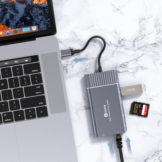 TH5 Type-C 8-in-1 Multifunctional USB Hub Docking Station 8 Ports USB-C to HD / VGA Converter 4K Screen Casting Adapter Network Port Splitter for Apple MacBook Huawei P30 Phone