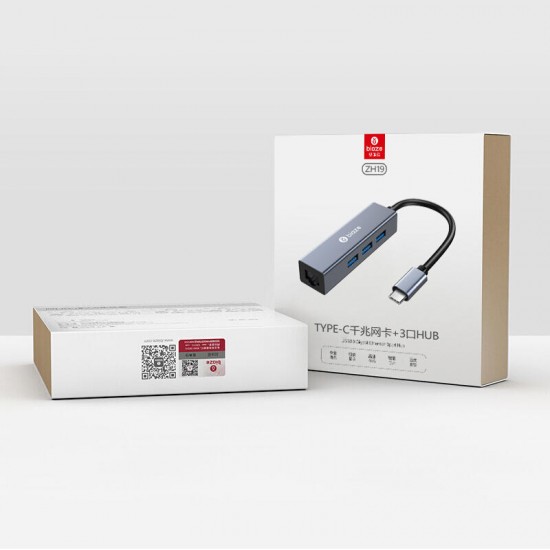 ZH19 Aluminum Alloy Type-C to 3-Port USB 3.0 + 1000Mbps Gigabit RJ45 Hub