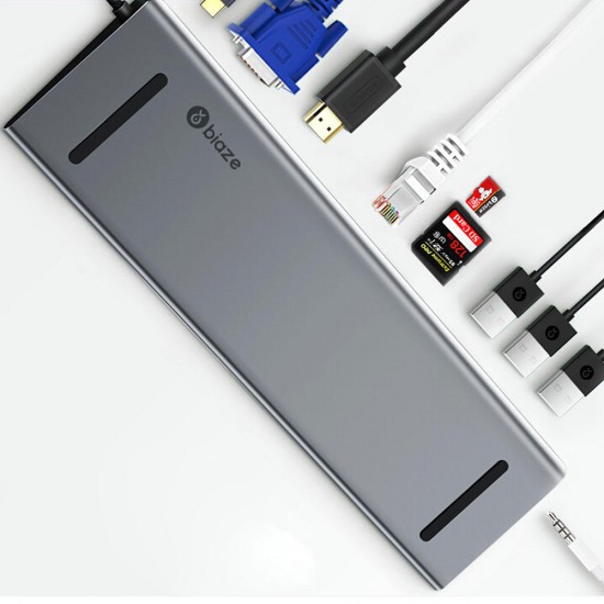ZH97 10-in-1 Type-C to 3-Port USB 3.0 PD Charge VGA Gigabit RJ45 3.5mm Audio SD TF Hub