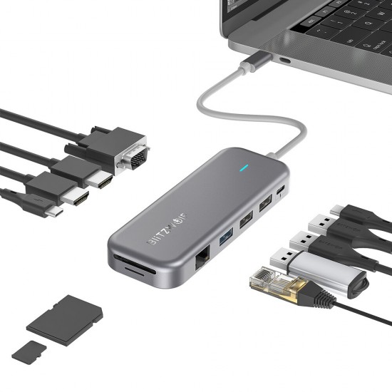 11-in-1 USB-C Data Hub with Dual 4K@30Hz HDMI Ports 1080P VGA Port RJ45 LAN SD TF Card Slots Up to 100W Type-C PD Charging 11-in-1 USB-C Data Hub with Dual 4K@30Hz HDMI Ports 1080P VGA Port RJ45 LAN SD TF Card Slots Up to 100W Type-C PD Charging